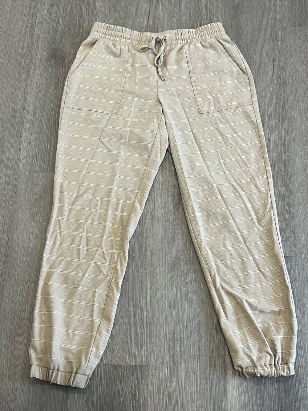 Nine West Beige Plaid Drawstring Jogger Trousers